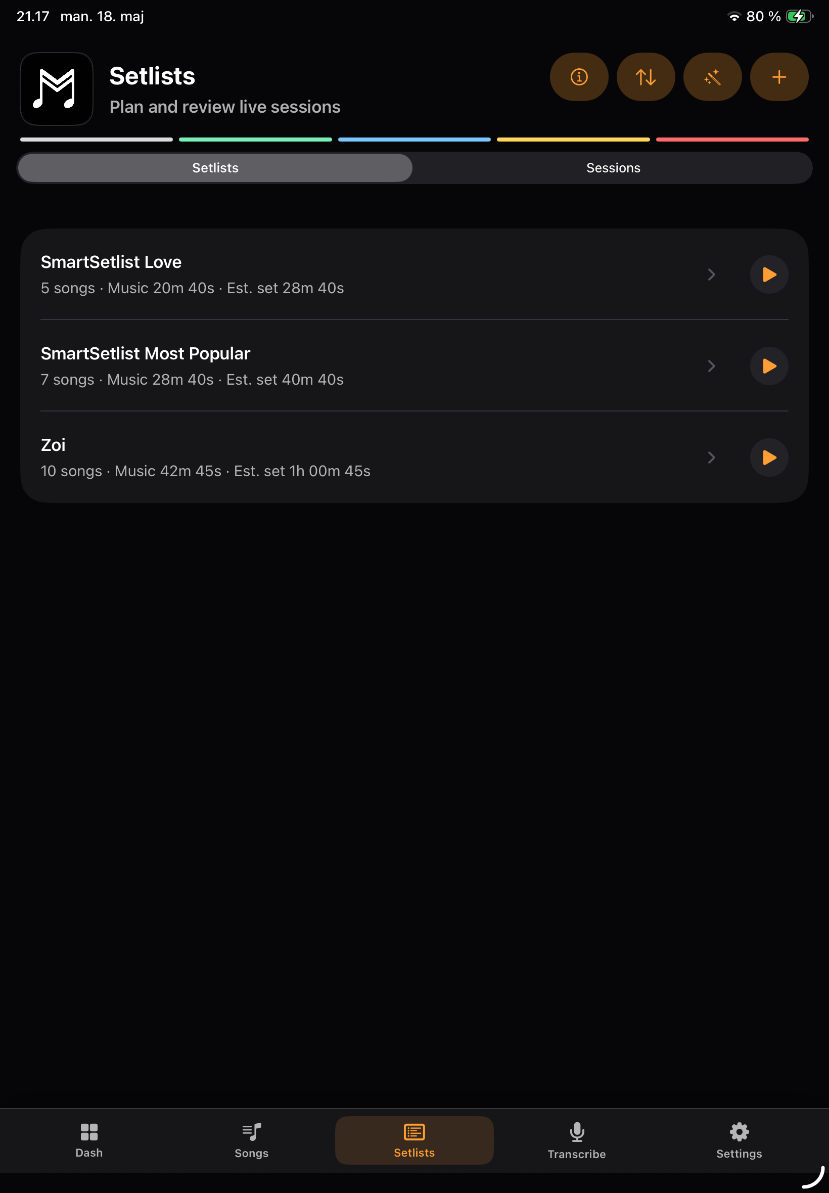 MusicBook Pro Setlists view on iPhone
