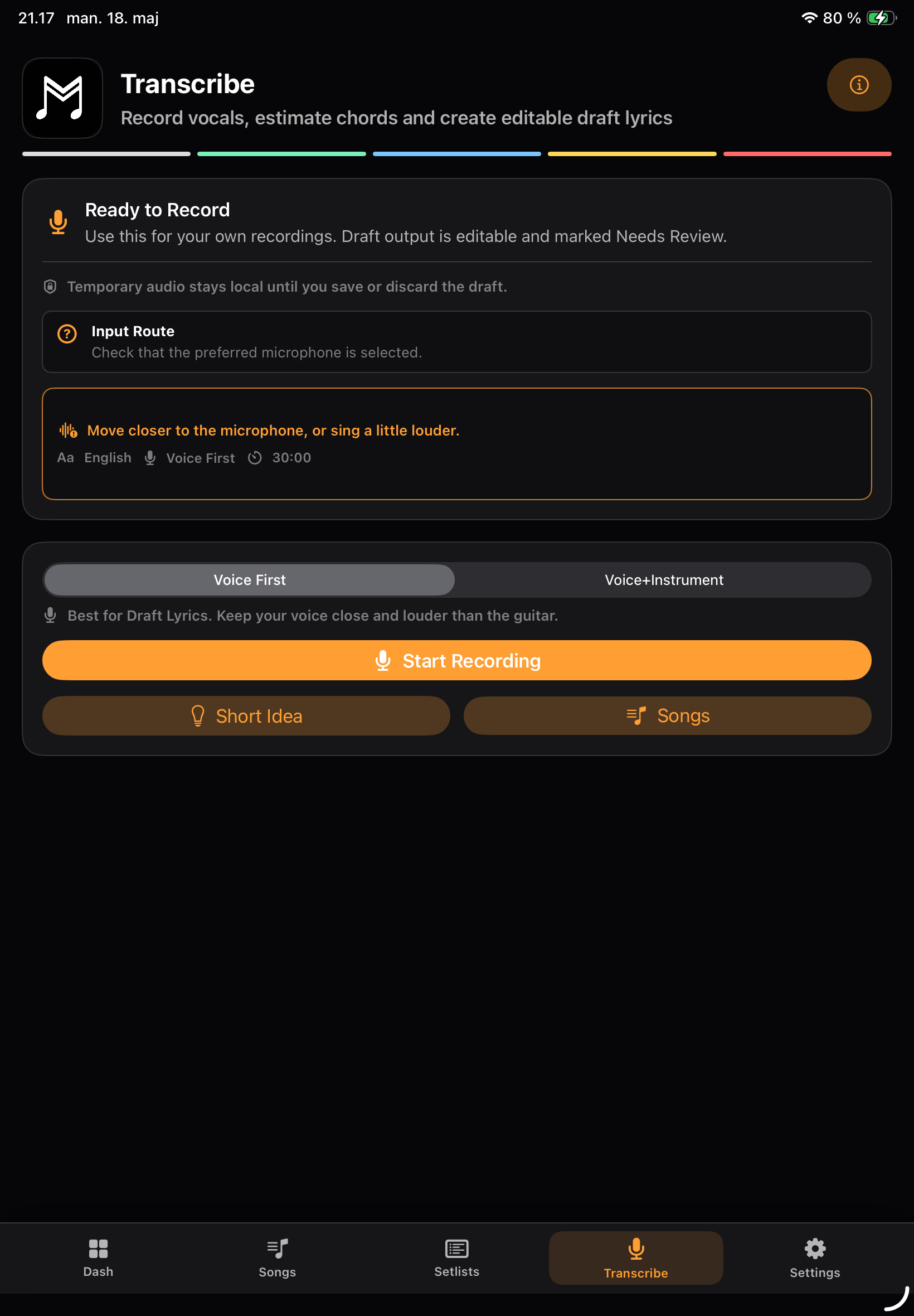 MusicBook Pro transcribe screen for recording vocals and creating draft lyrics