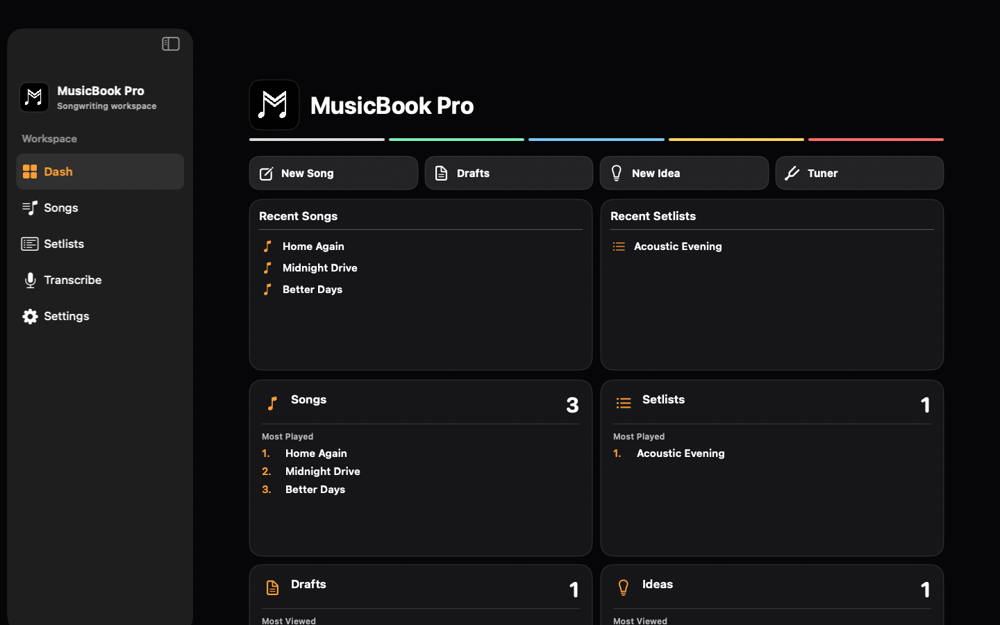 MusicBook Pro Mac dashboard with songs, setlists, drafts and ideas